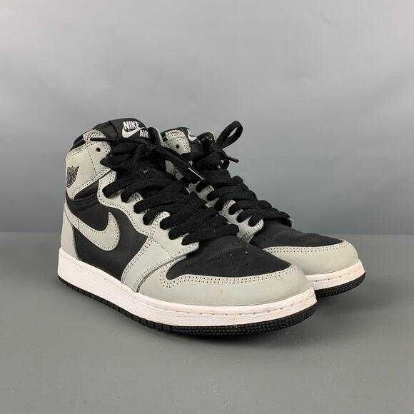 NIKE Size 6Y Grey Black Color Block Leather High Top Sneakers - Picture 1 of 7